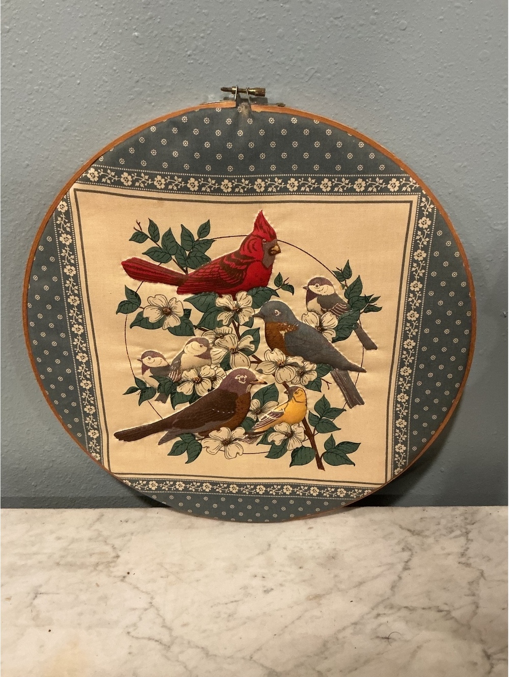 Vintage Bird Fabric Hoop Wall Art, Songbirds Dogwood, Cottage Farmhouse Decor
